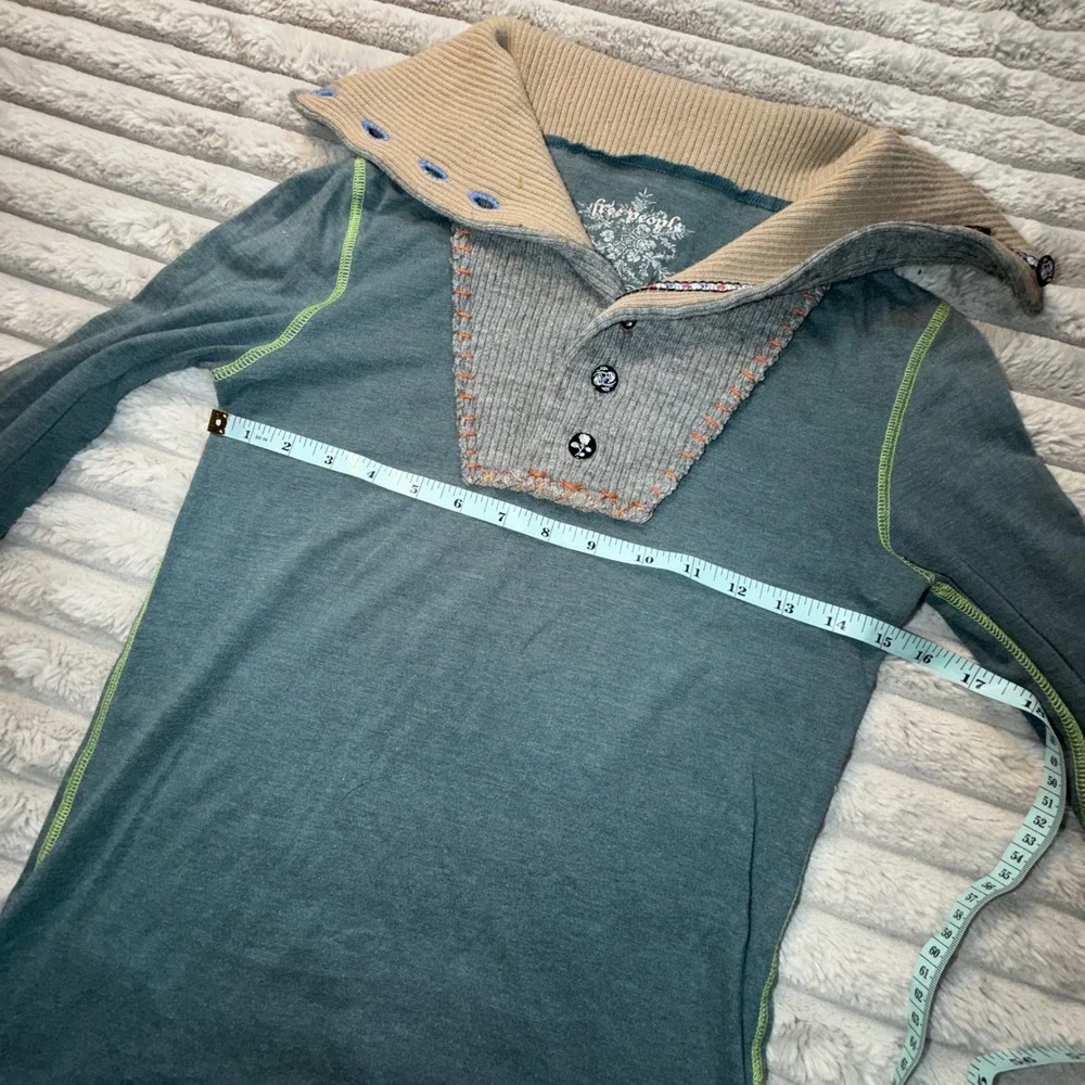 Free People Teal Blue Mixed Media Thermal Knit Top Boho Rose Button Womens Small